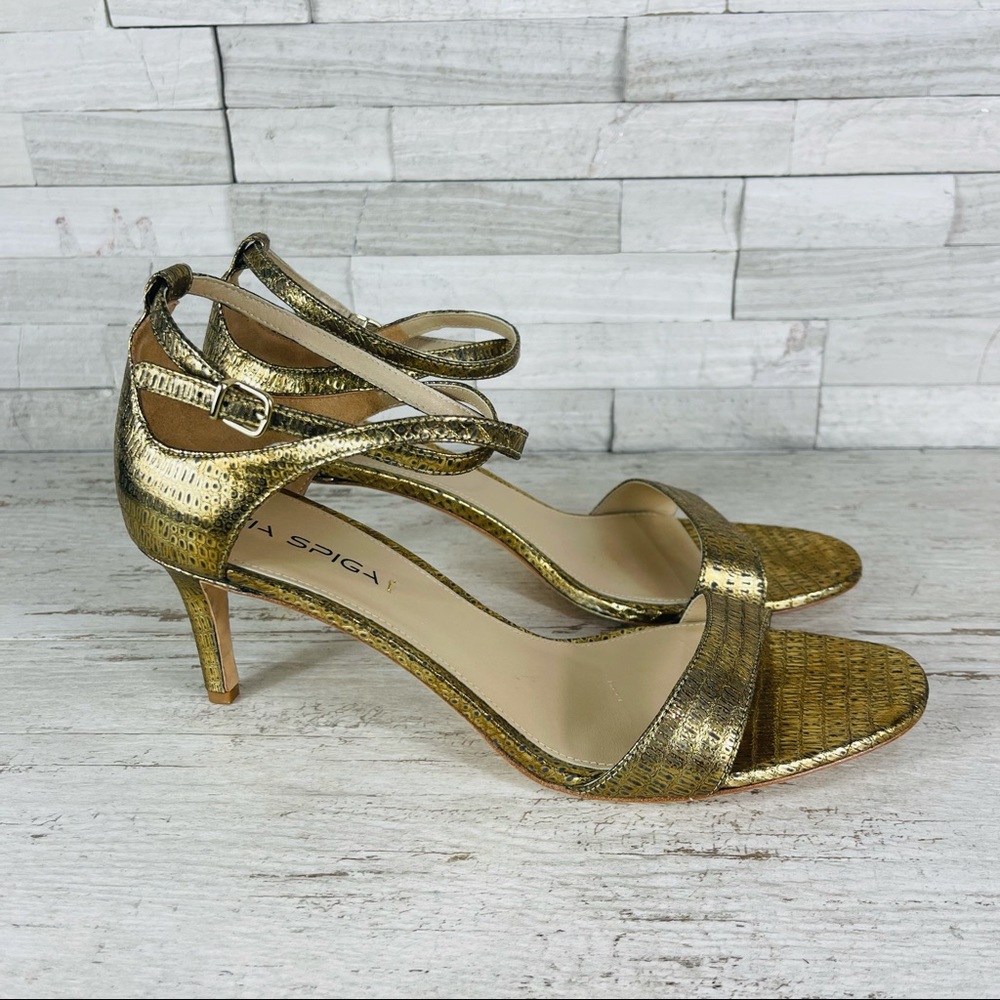 Via Spiga EUC Leesa Lizard Embossed Metallic Leather Ankle Strap Sandals 10.5M